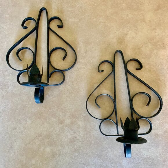 Black Metal Vintage MCM Brutalist Scroll Candle Sconces With Petal Cups Set of 2 - Picture 1 of 3